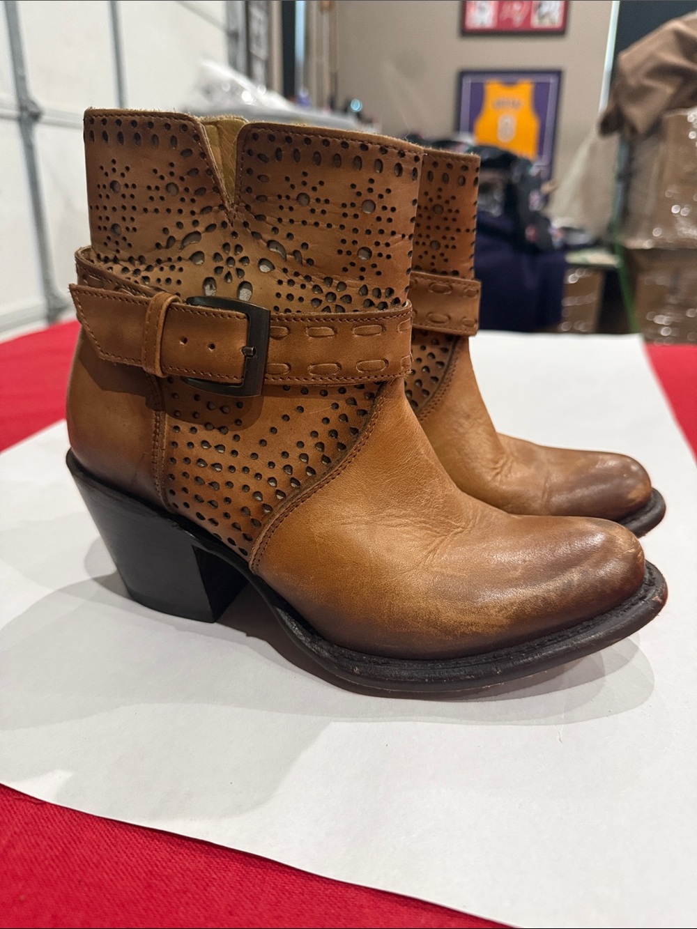 J.B. Dillon Perforated Tan Leather Ankle Booties with Buckle